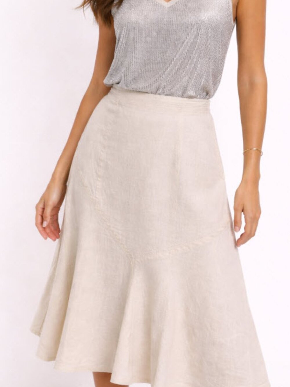 Larry Levine Cream Linen A-Line Midi Skirt Flowy Panel Size 8